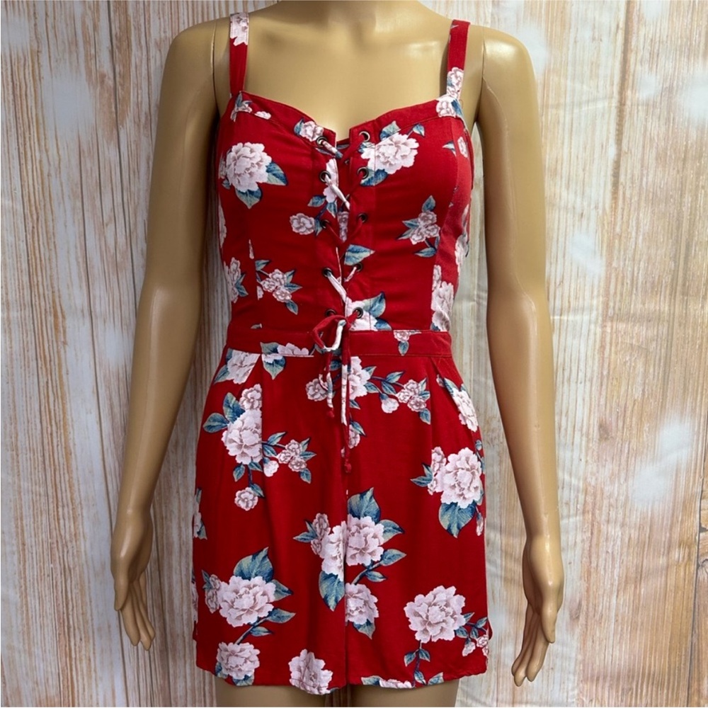 Hollister Lace-Up Floral Red Romper